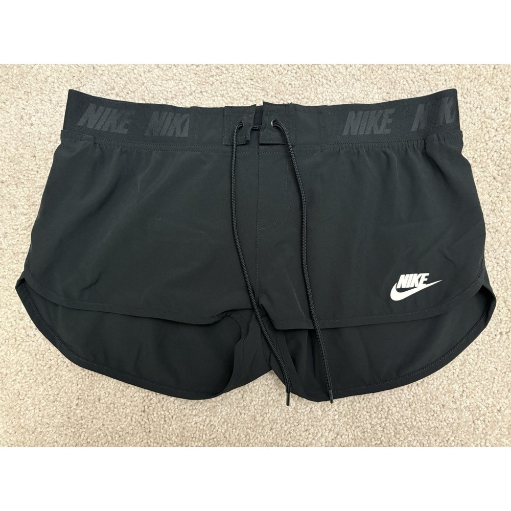 Nike Womens Swim Shorts Lace Up Mid-Rise Pull-On Nike Logo Print Black Size M